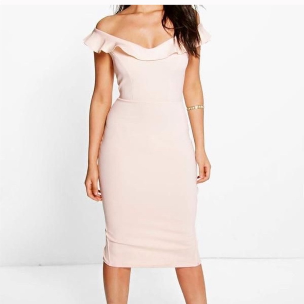 Boohoo blush pencil off shoulder dress